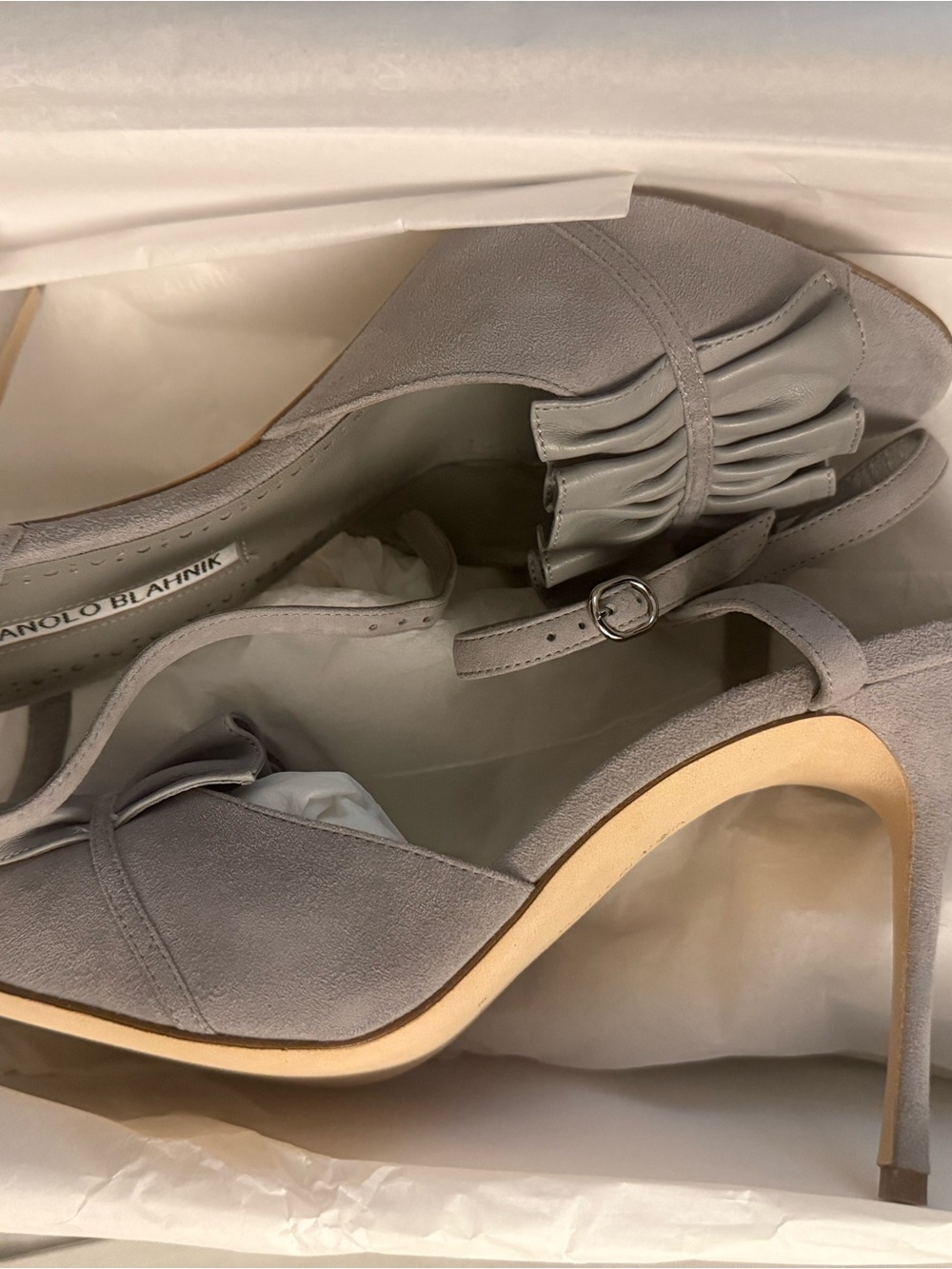 Manolo Blahnik Khedni Gray Suede Ruffle Slingback Pumps
